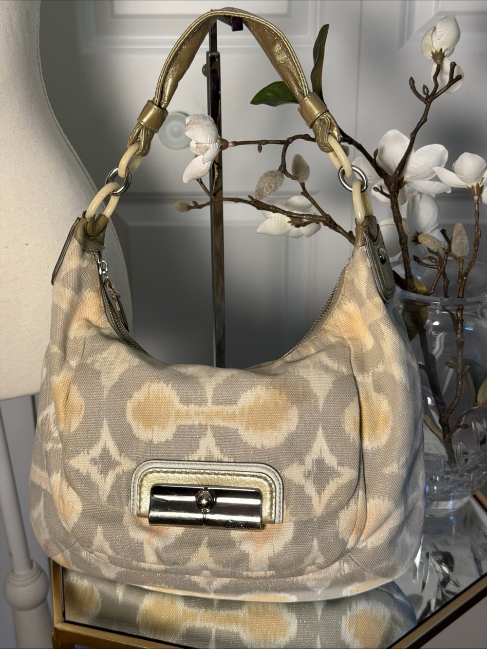 Coach Beige and Gold Patterned hobo Shoulder Bag